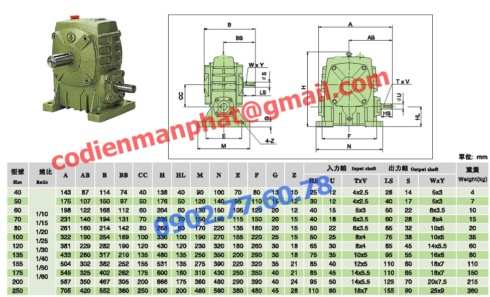 hộp số giảm tốc trục vít bánh vít wpa, ass. lw